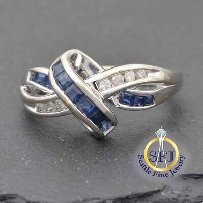 Sapphire and Diamond Ring, Solid 14k White Gold