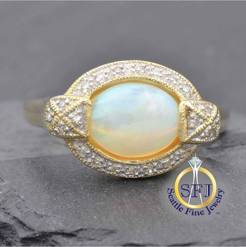 Opal and Diamond Halo Ring, Solid 14K Yellow Gold