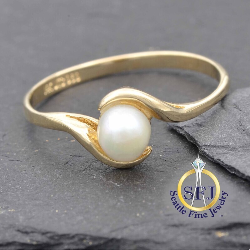 Pearl Solitaire Bypass Ring, Solid 14K Yellow Gold