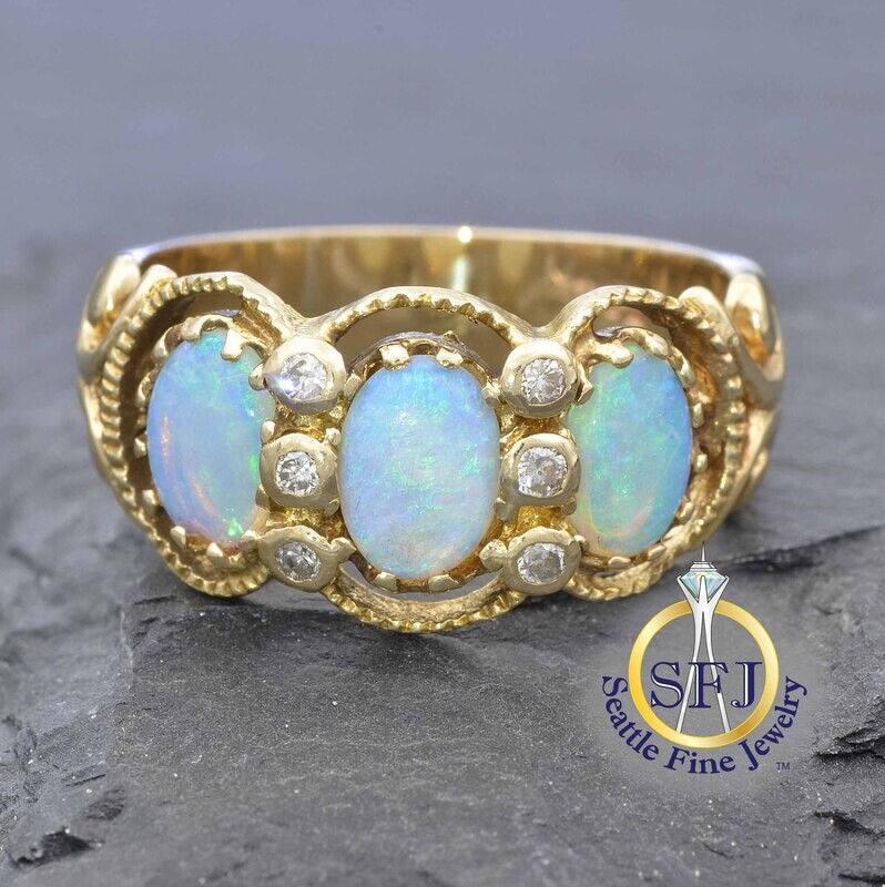 Opal and Diamond Filigree Cigar Band Ring, Solid 14K Yellow Gold