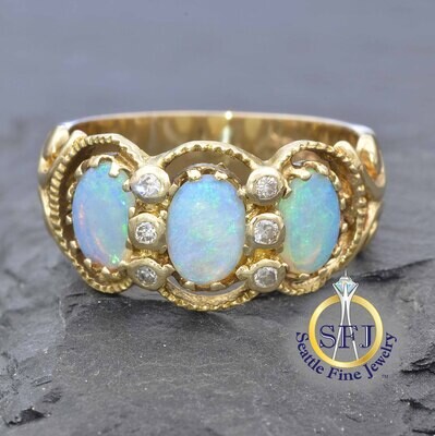 Semi-black Opal and Diamond Ring, Solid 14k Yellow Gold