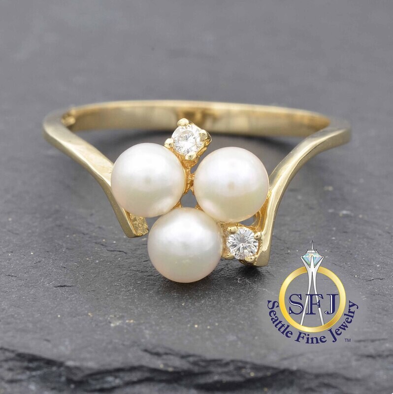 Pearl and Diamond Ring, Solid 14K Yellow Gold