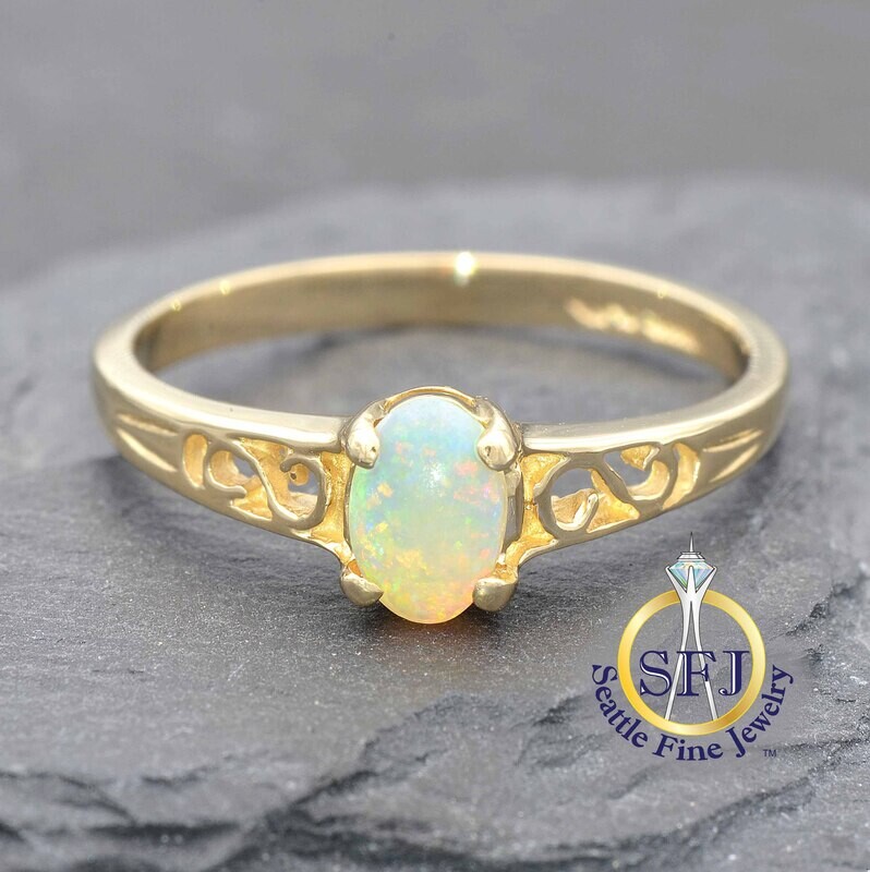 Opal Solitaire Filigree Ring, Solid 10K Yellow Gold