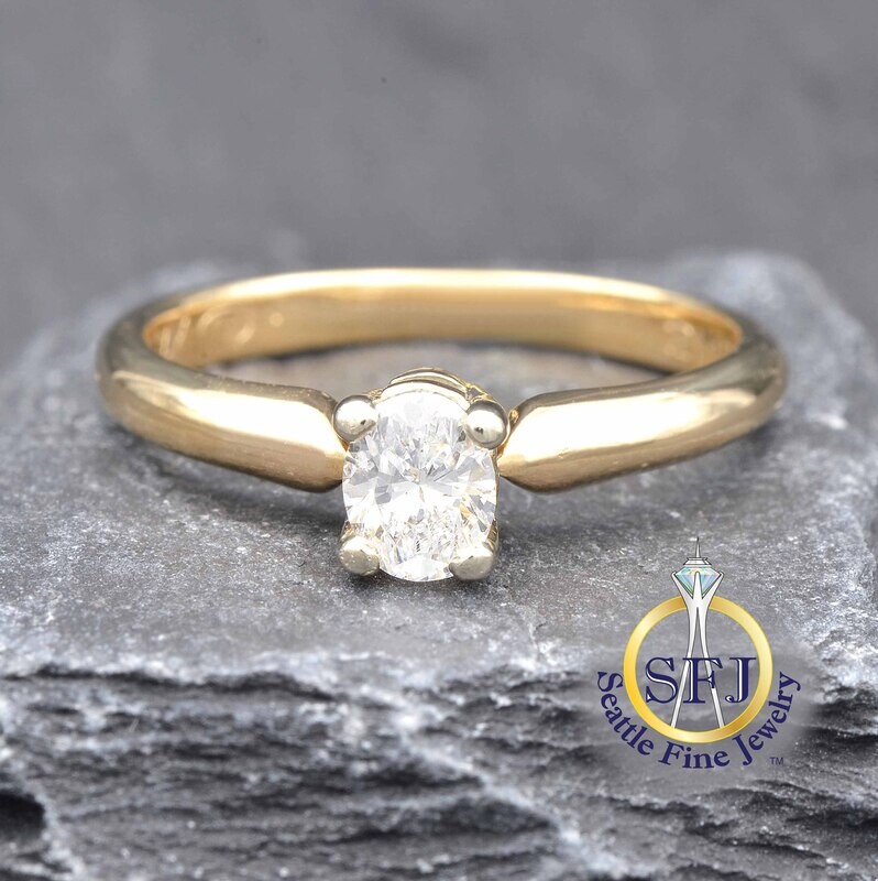 Diamond Oval Solitaire Ring, Solid 14K Yellow Gold