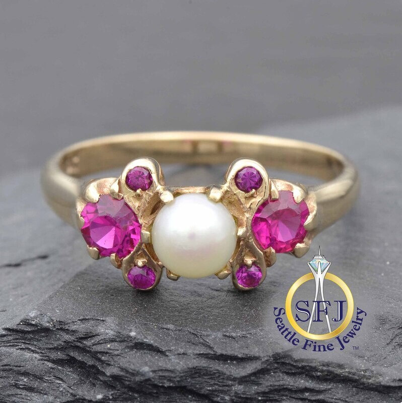 Pearl and Ruby Ring, Solid 10K Yellow Gold