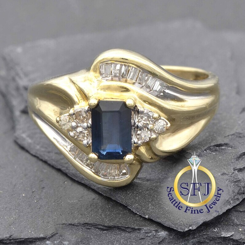 Sapphire and Diamond Bypass Wave Ring, Solid 10K Yellow Gold