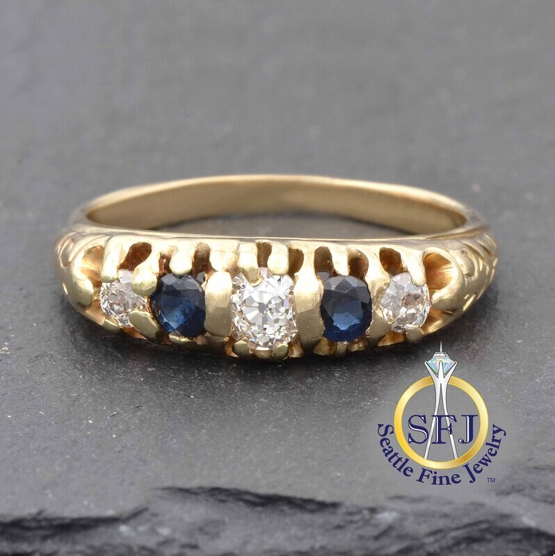 Antique Sapphire and Diamond Filigree Band Ring, Solid 14K Yellow Gold