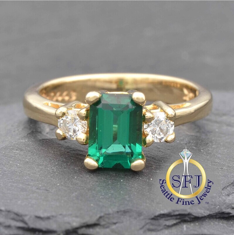 Emerald and Diamond Ring, Solid 14K Yellow Gold