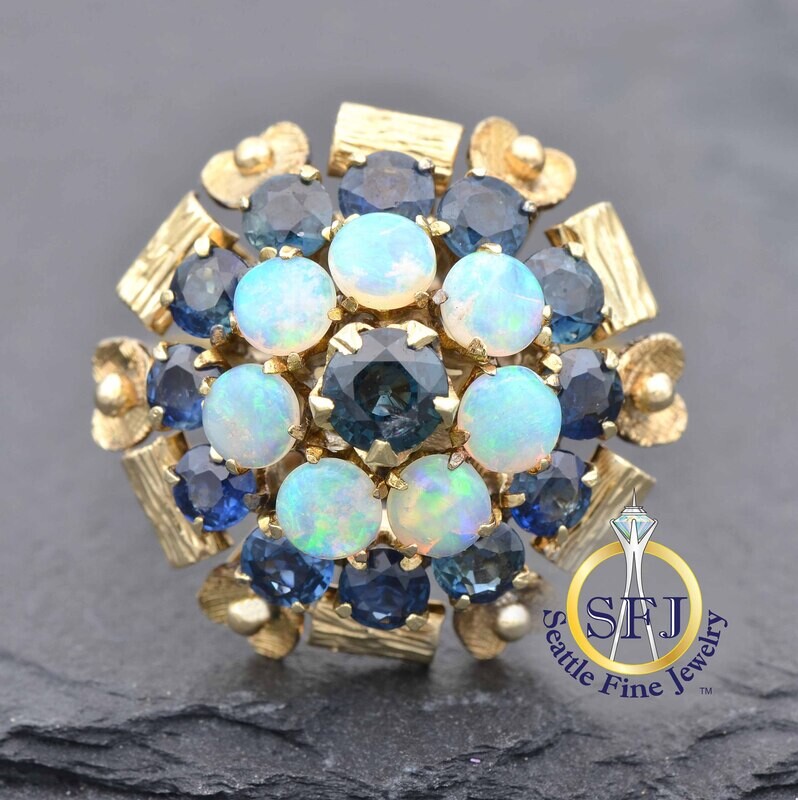 Antique Sapphire and Opal Cluster, Heart Detail Ring, Solid 18K Yellow Gold