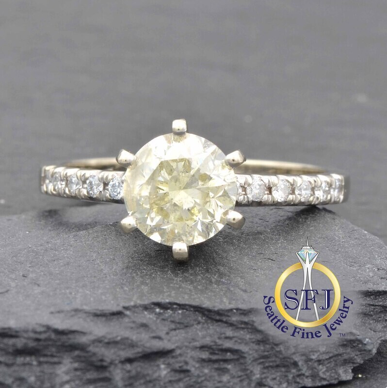 Pale Lemon Yellow Diamond Solitaire with White Diamond Accents Ring, Solid 14K White Gold