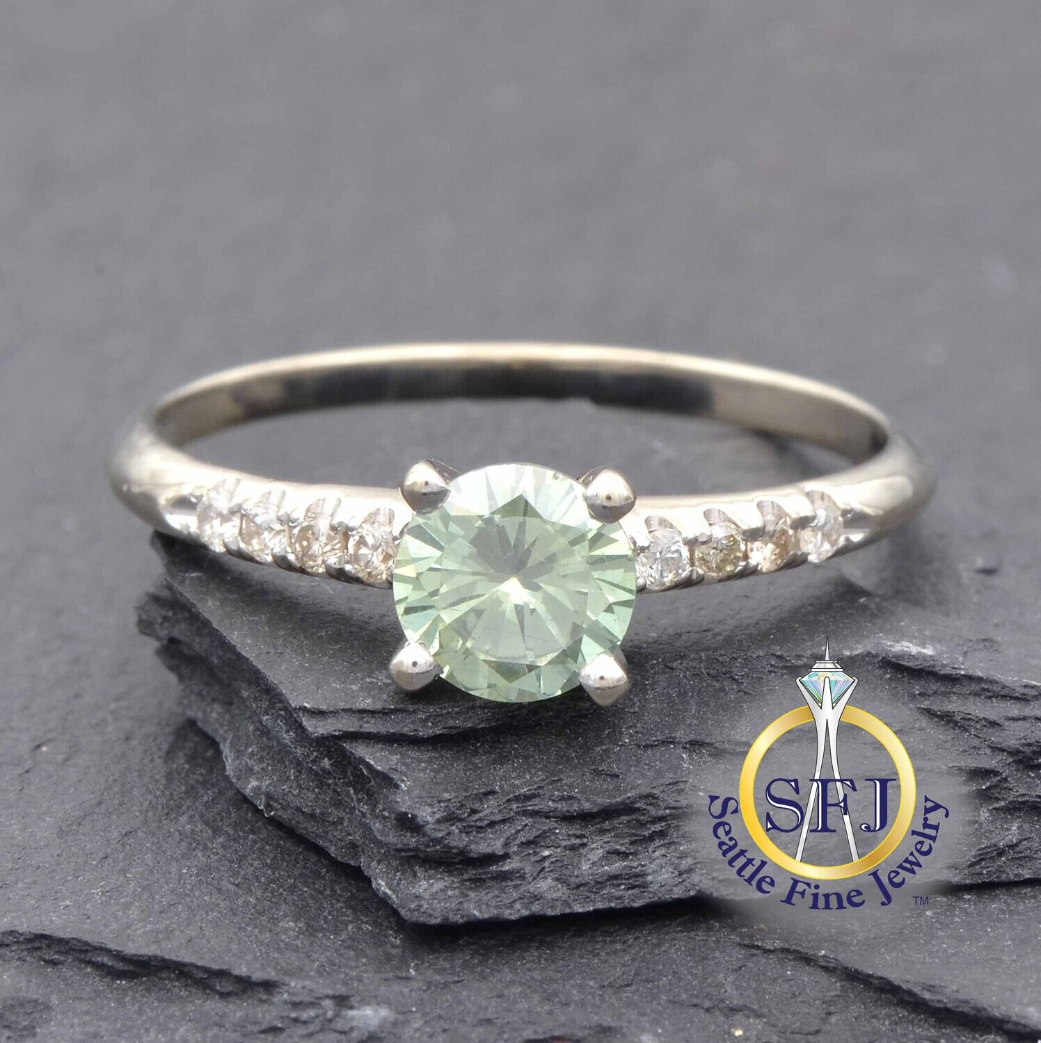 Green Diamond and Diamond Ring, Solid 14k White Gold
