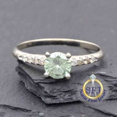 Green Diamond and Diamond Ring, Solid 14k White Gold