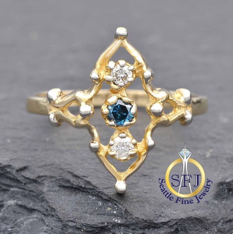 Blue Diamond and Diamond Filigree Harlequin Ring, Solid 10K Yellow Gold