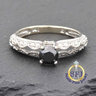 Black Diamond and Diamond Ring, Solid 14k White Gold
