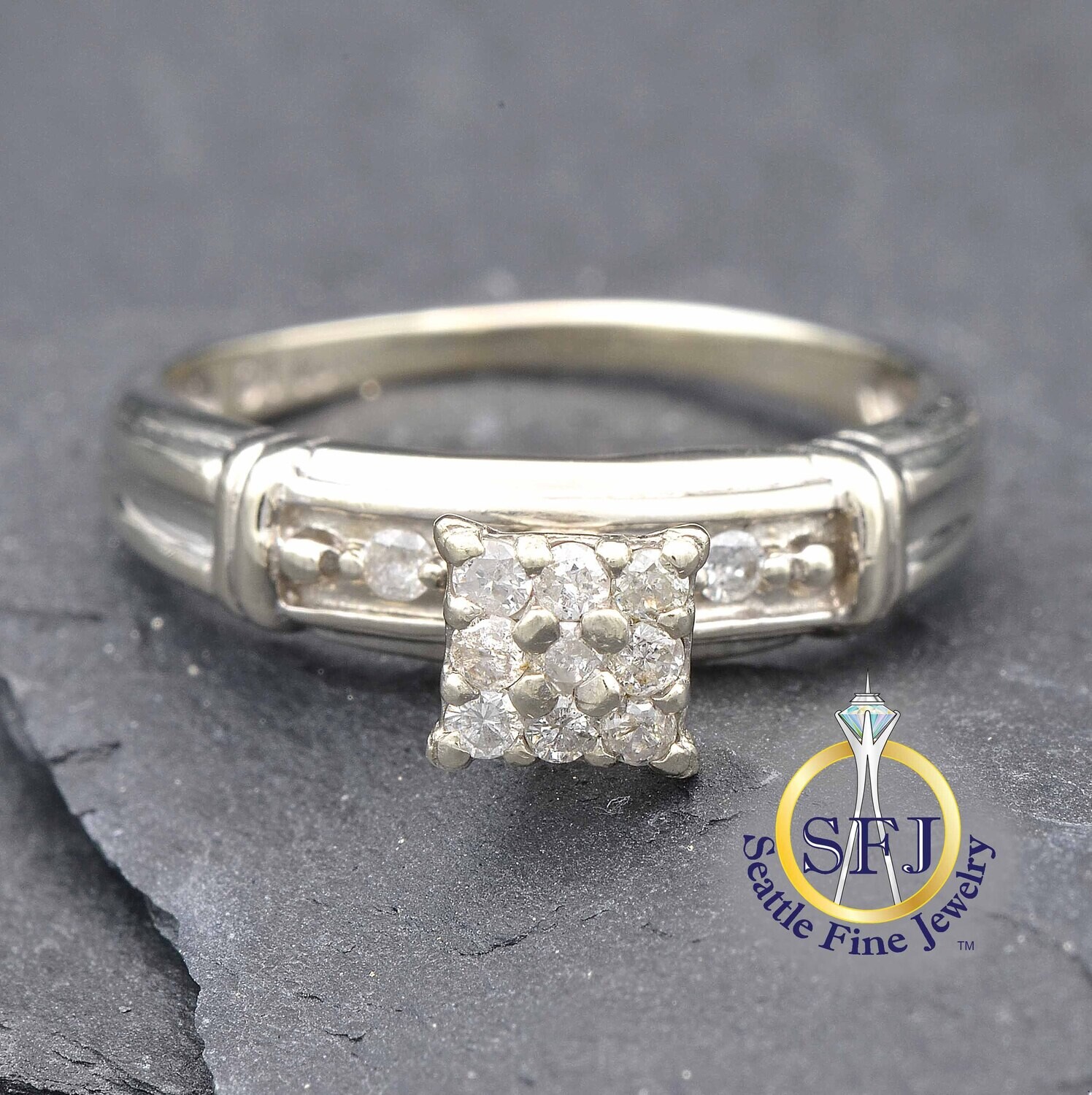 Diamond Midcentury Princess Cluster Ring, Solid 10K White Gold