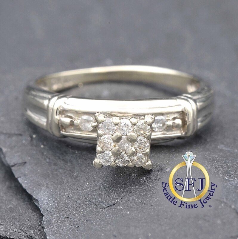 Diamond Midcentury Princess Cluster Ring, Solid 10K White Gold