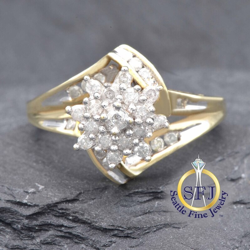 Geometric Diamond Cluster Bypass Ring, Solid 10K Yellow Gold
