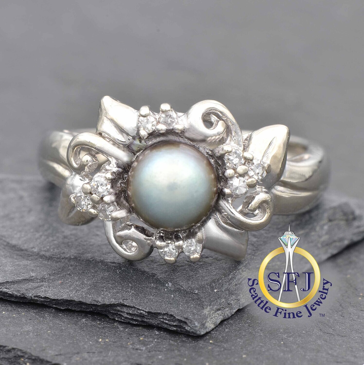 Tahitian Pearl and Diamond Ring, Solid 14K White Gold