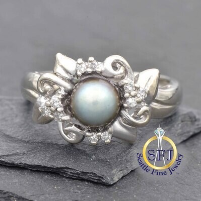 Tahitian Pearl and Diamond Botanical Ring, Solid 14K White Gold