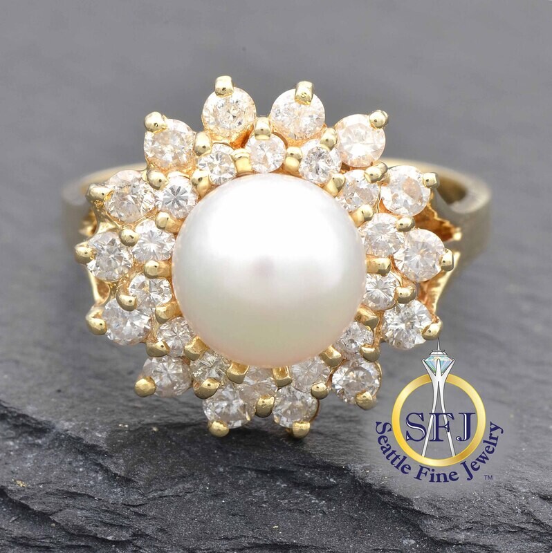 Cultured Pearl and Diamond Double Halo Ring, Solid 14K Yellow Gold
