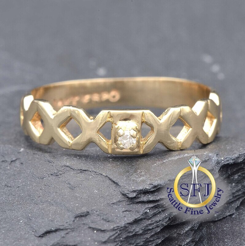 Diamond Accented Geometric Band Ring, Solid 14K Yellow Gold