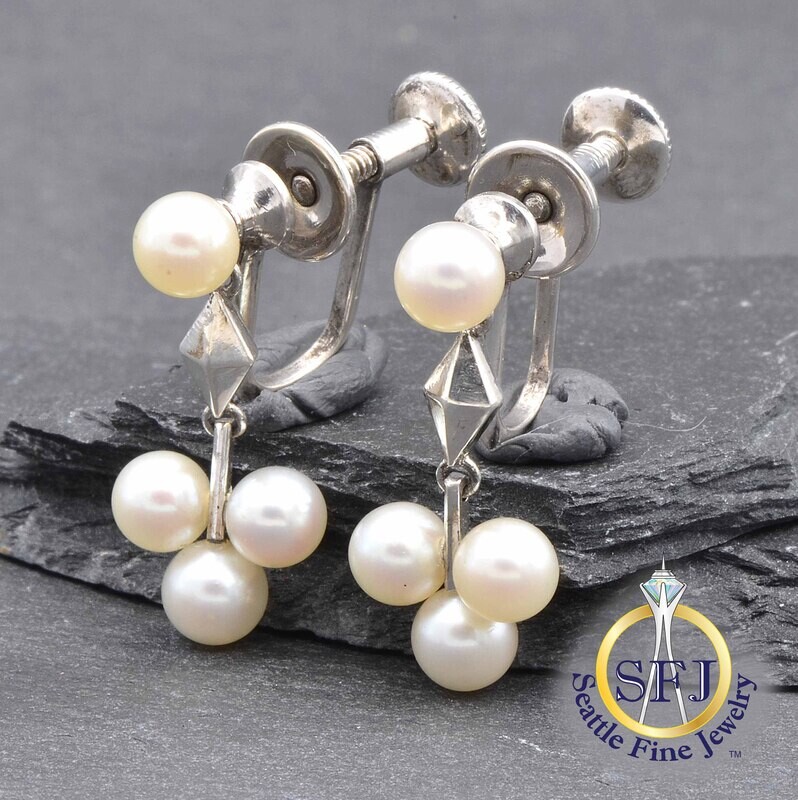 Mikimoto Pearl Dangle Drop Midcentury Earrings, Solid Sterling Silver