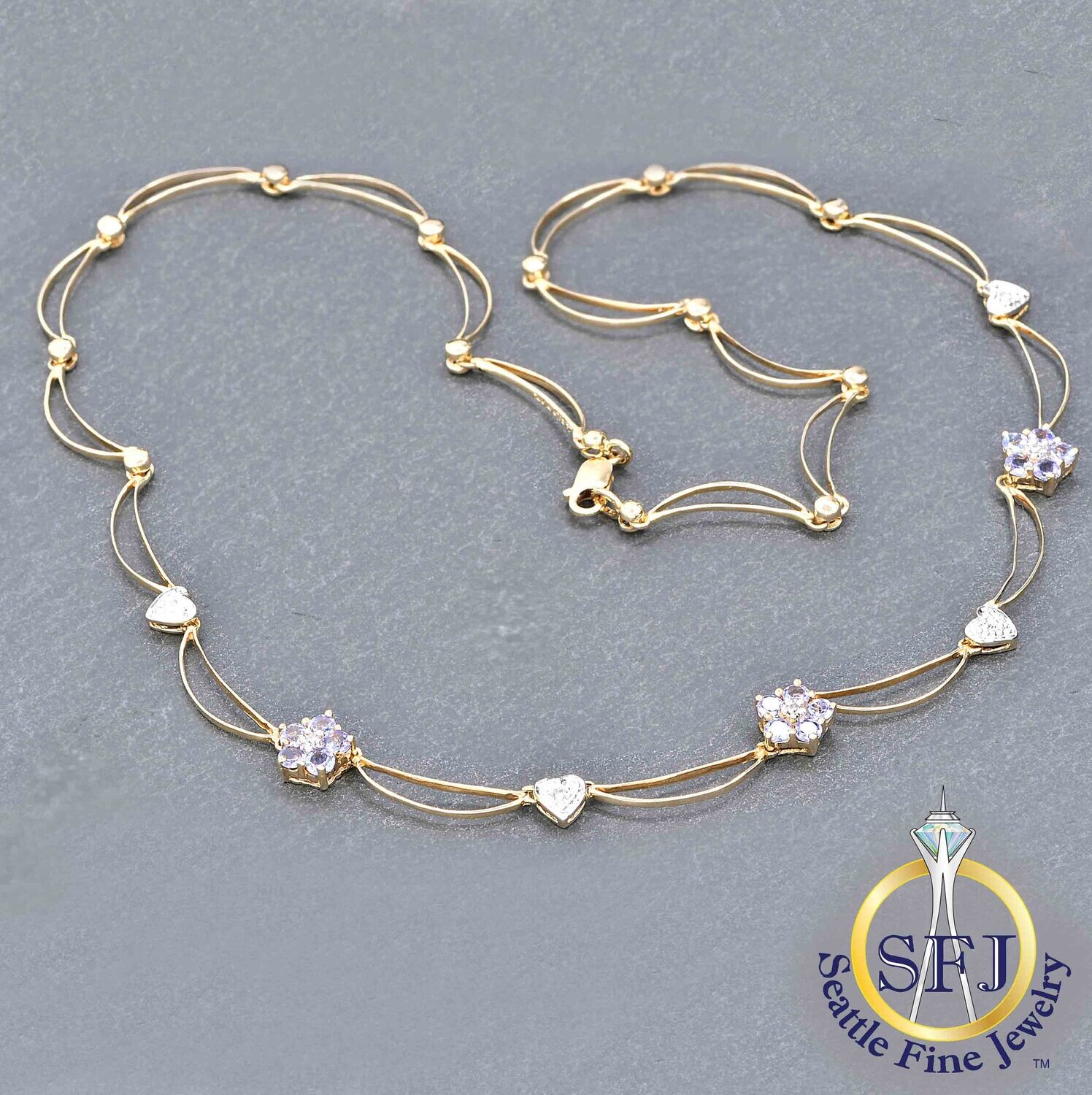 Tanzanite and Diamond Festoon Necklace, Solid 14K Yellow Gold