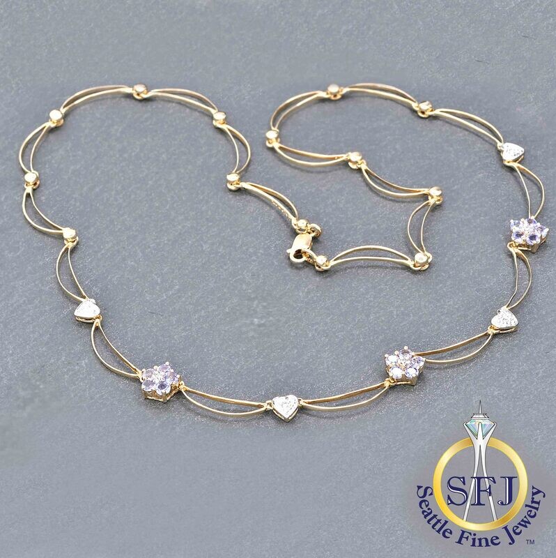 Tanzanite and Diamond Festoon Necklace, Solid 14K Yellow Gold