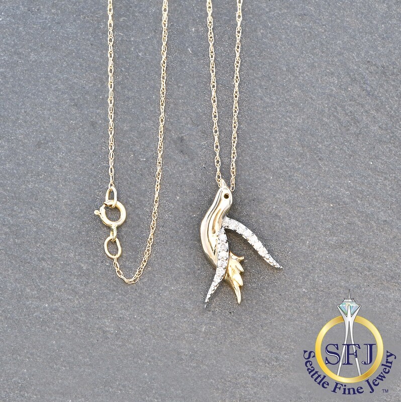 Diamond Bird Charm Necklace, Solid 14K Yellow Gold