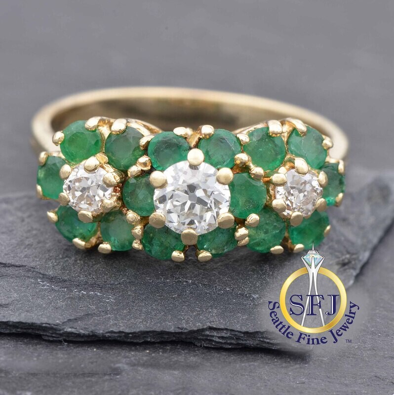 Antique Diamond and Emerald Triple-Halo Floral Ring, Solid 14K Yellow Gold