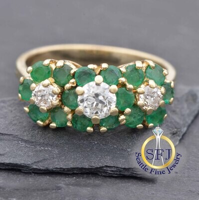 Diamond and Emerald Ring, Solid 14k Yellow Gold