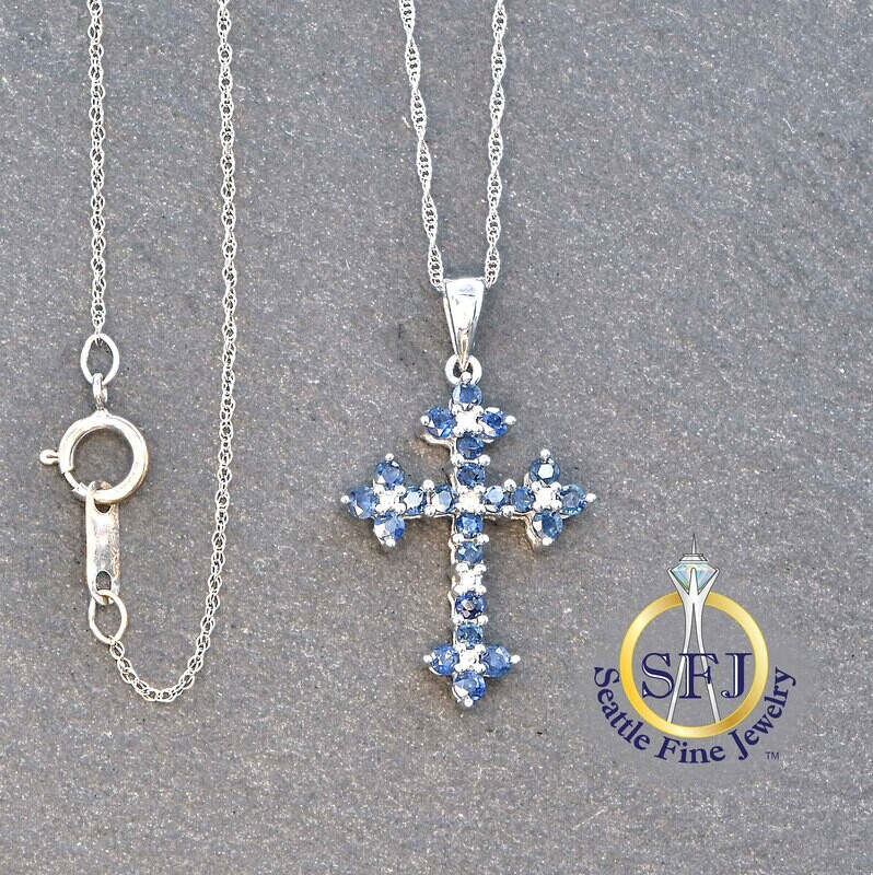 Sapphire and Diamond Bottoni Cross Necklace, Solid 10K White Gold