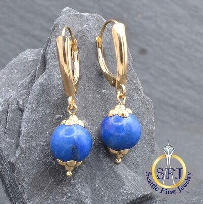 Lapis Lazuli Earrings, Solid 14k Yellow Gold