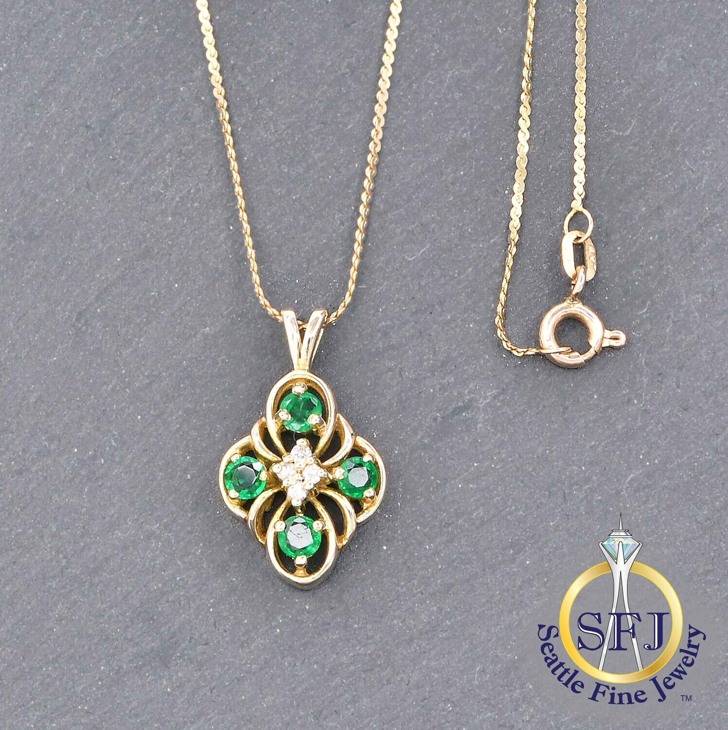 Emerald and Diamond Necklace, Solid 14k Yellow Gold