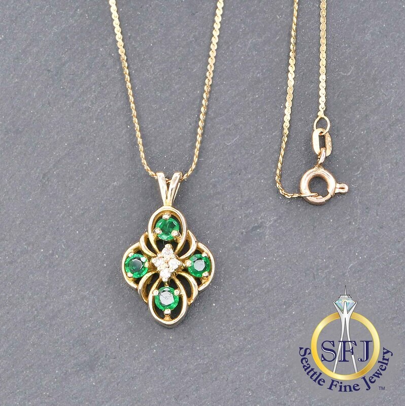 Emerald and Diamond Clover Pendant Fancy Link Chain Necklace, Solid 14K Yellow Gold