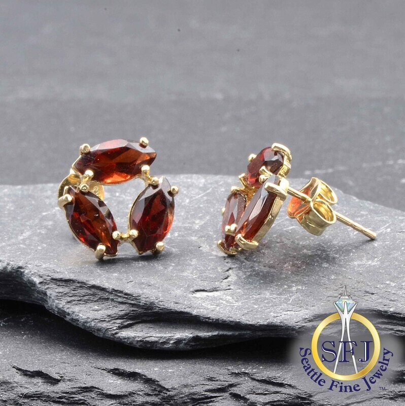 Marquise Garnet Circle Earrings, Solid 14K Yellow Gold