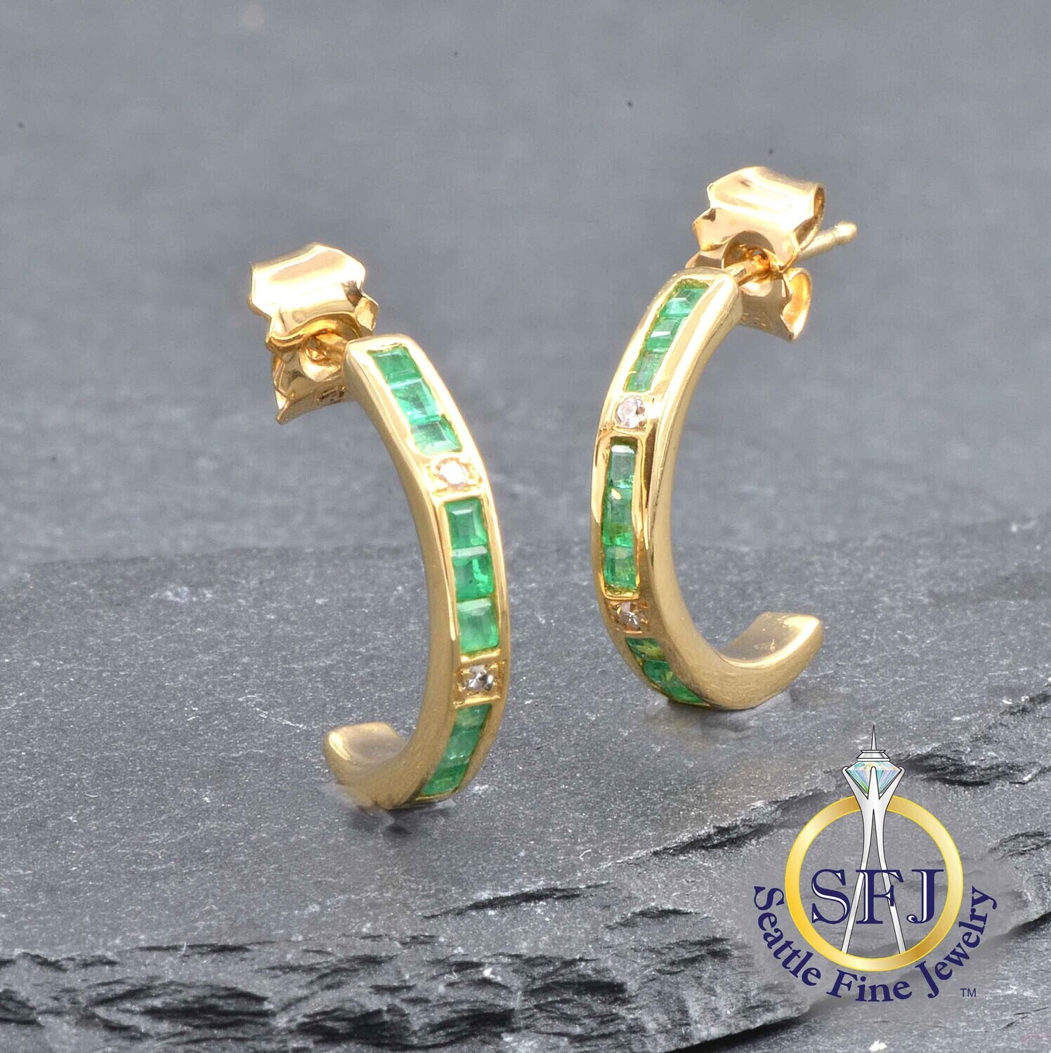 Emerald and Diamond Earrings, Solid 18k Yellow Gold