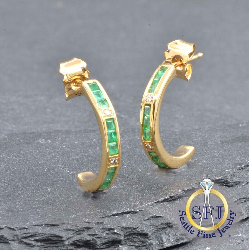 Emerald and Diamond J-Hoop / Half Hoop Earrings, Solid 18K Yellow Gold