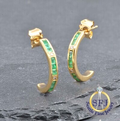 Emerald and Diamond Earrings, Solid 18k Yellow Gold