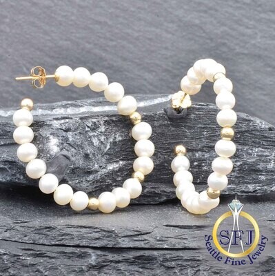 Pearl Earrings, Solid 14K Yellow Gold
