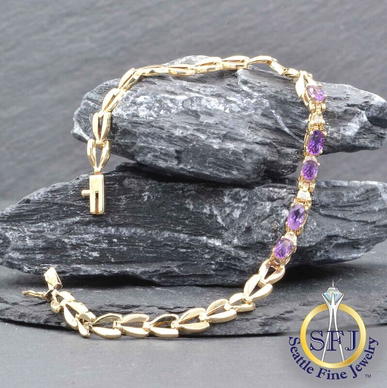 Amethyst and Diamond Fancy Link Bracelet, Solid 14k Yellow Gold