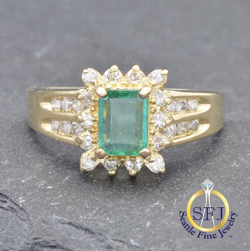 Emerald and Diamond Halo Ring, Solid 14K Yellow Gold