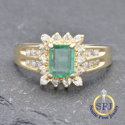 Emerald and Diamond Ring, Solid 14k Yellow Gold