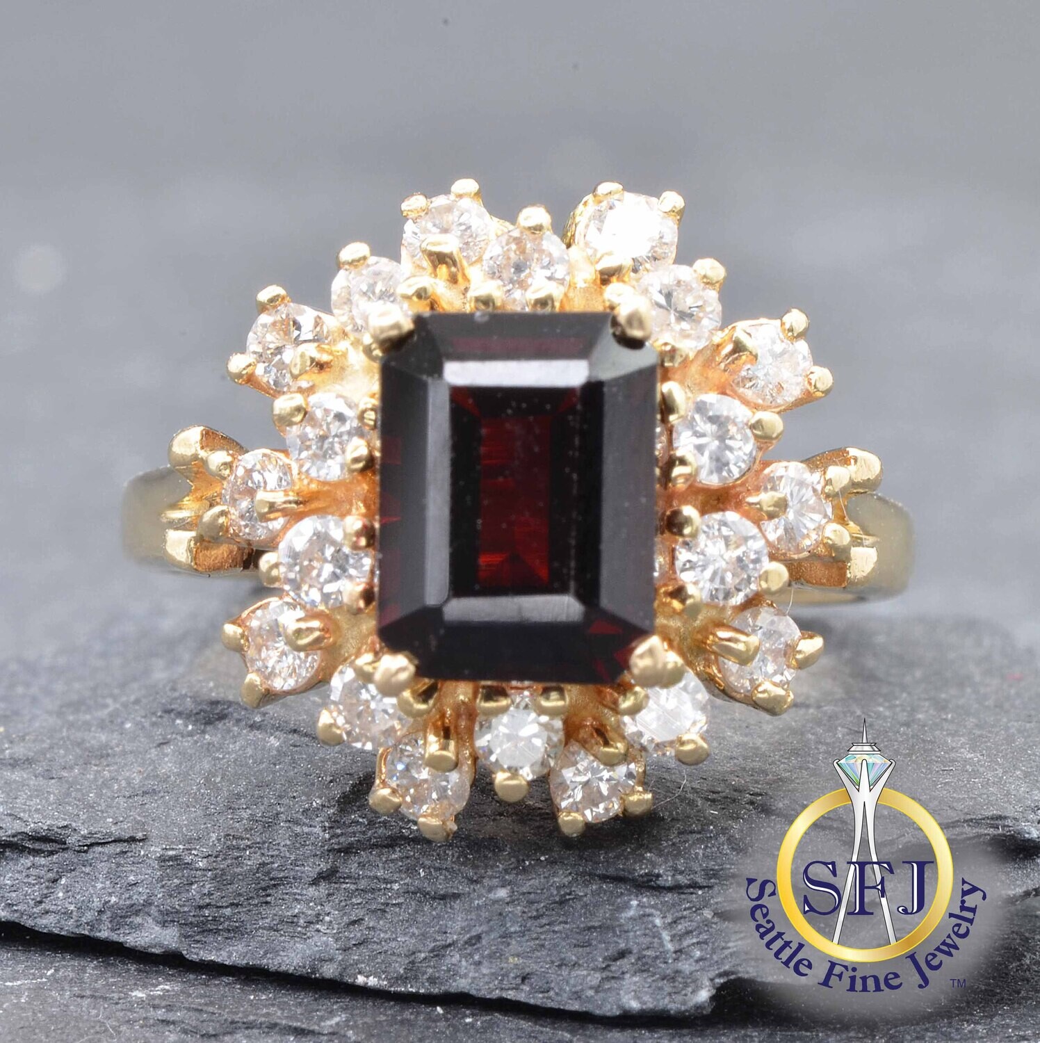 Garnet  and Diamond Halo Ring, Solid 14K Yellow Gold