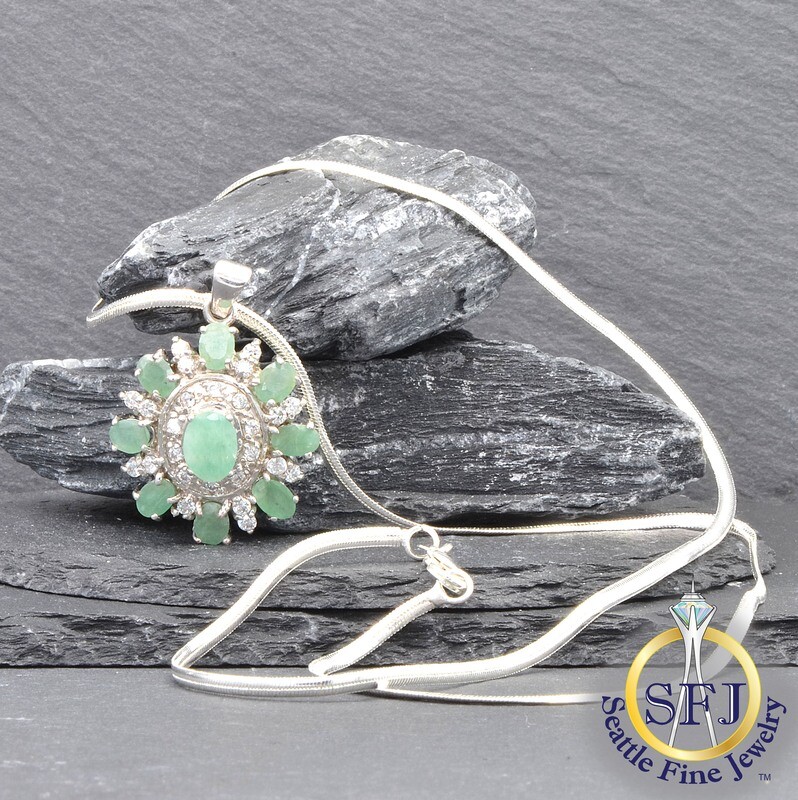 Emerald and CZ Double-Halo Pendant Necklace, Solid Sterling Silver