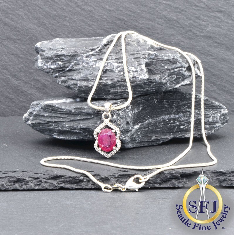Ruby and CZ Filigree Halo Pendant Necklace, Solid Sterling Silver