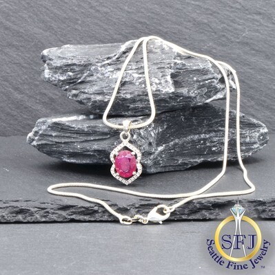 Ruby and Cubic Zirconia Necklace, Solid 925 Sterling Silver