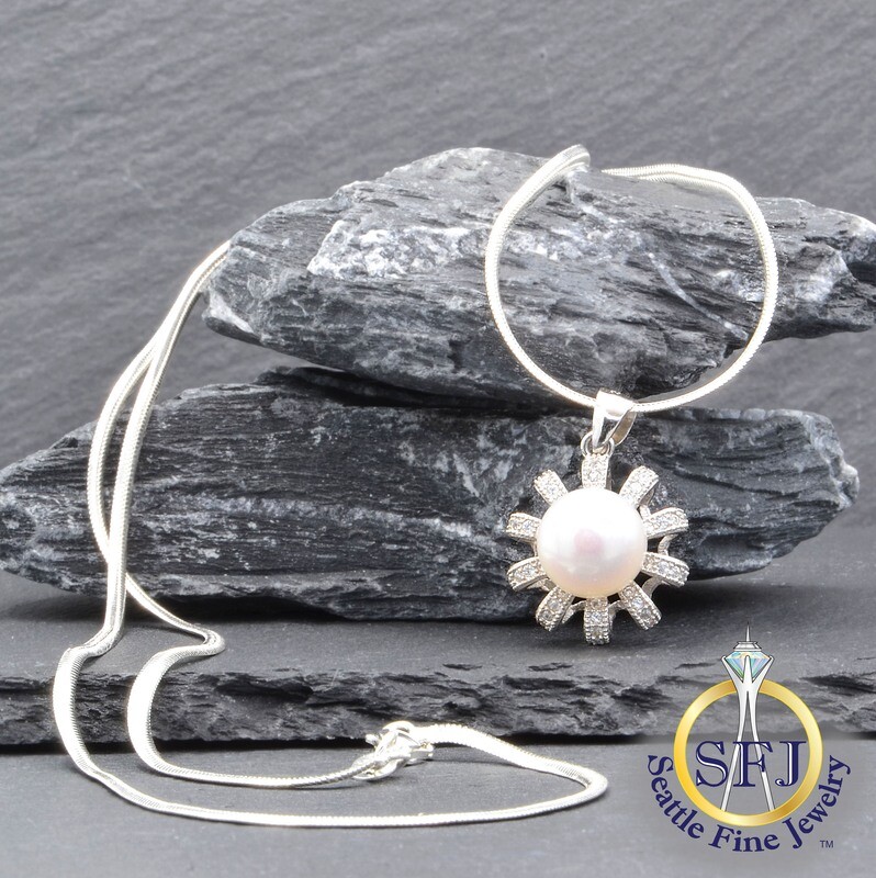 Pearl and CZ Halo Pendant Necklace, Solid Sterling Silver