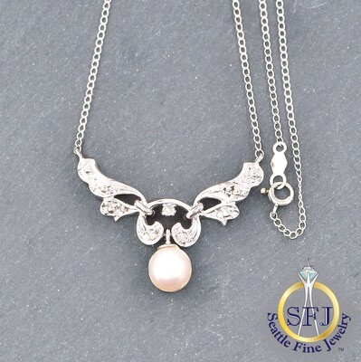 Akoya Pearl and Diamond Necklace, Solid 14k White Gold