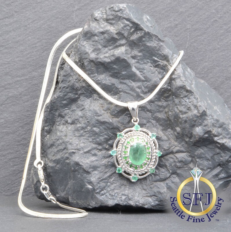 Emerald Halo Filigree Necklace, Solid Sterling Silver